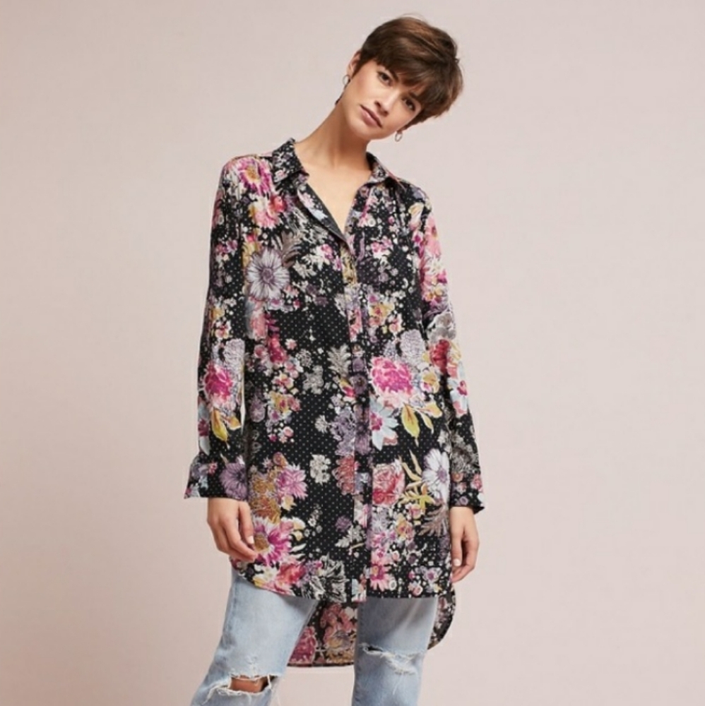 Anthropologie Maeve Floral Autumnal Tunic Top Blouse SzS